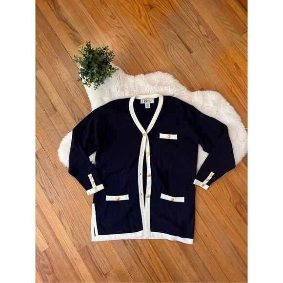 Vintage Norton Studio Navy & White Gold Buttoned Cardigan S - Picture 2 of 8